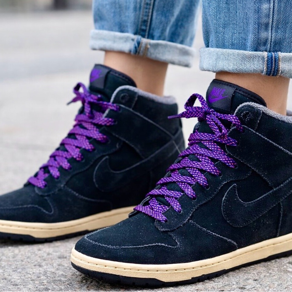 Nike Dunk Sky Hi Hidden Wedge Sneakers - Black Suede and Purple - Women’s 9.5